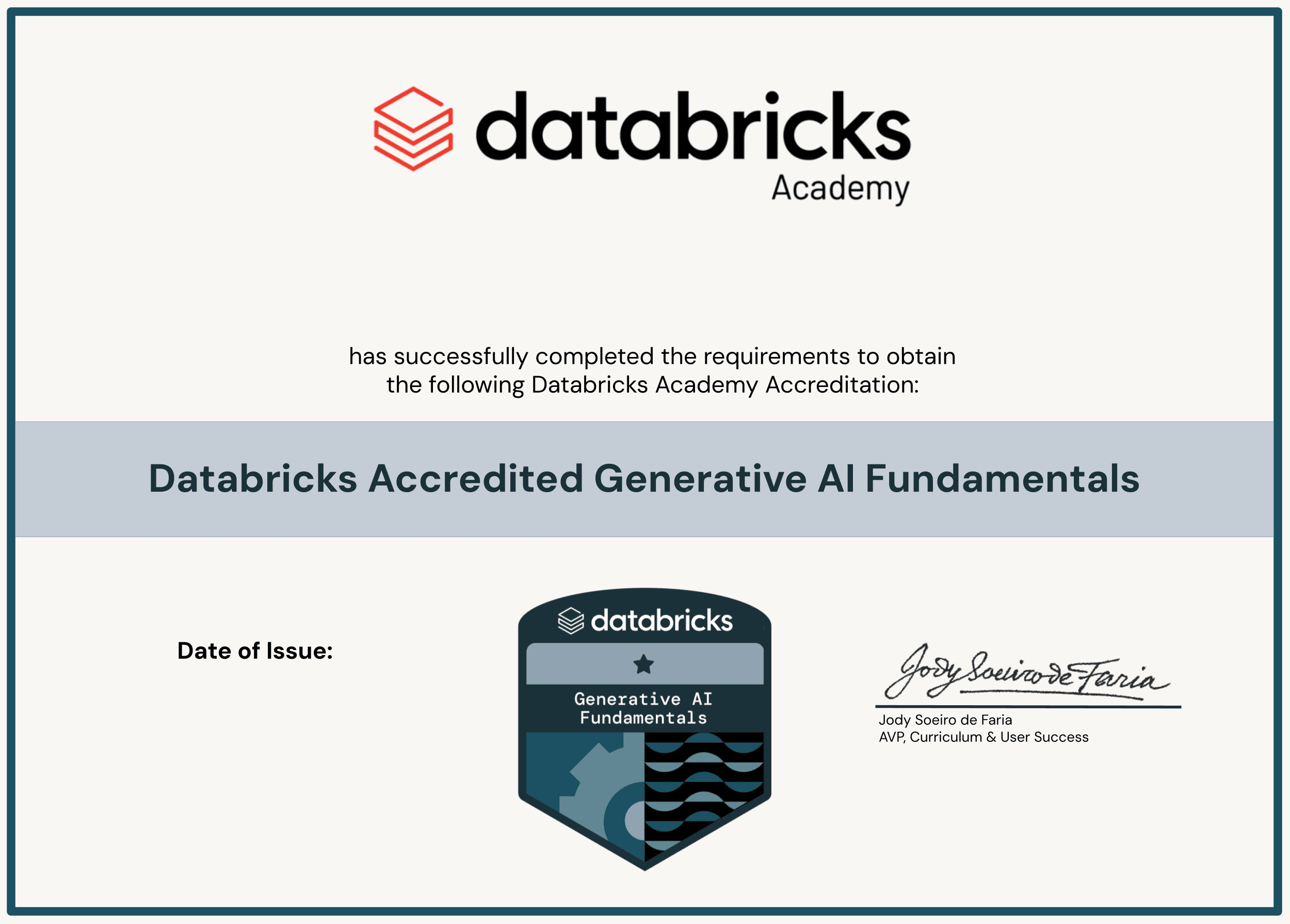 Databricks Generative AI Fundamentals Accreditation badge